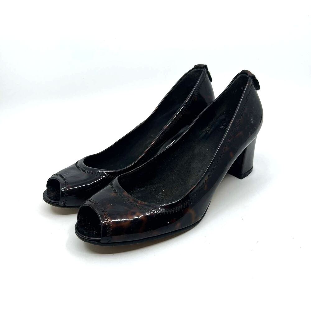 Stuart Weitzman Tortoise Brown Peep Toe Block Heels 7.5 US